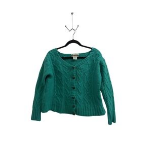 Cardigan Sweater Cottagecore Aran Crafts Women L Teal Green Merino Wool Cable